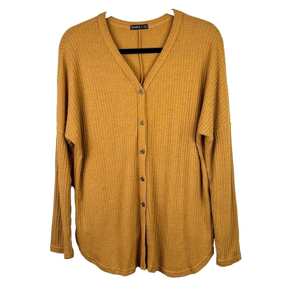 Miholl Rust Orange Gold Waffle Knit Thermal T Shirt Long Sleeves Button Front S